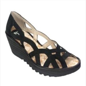 Fly London Yadi Cutout Peeptoe Suede Wedge Pump Shoes Black Boho Pinup